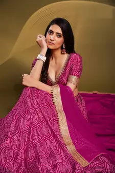 PINK PRINTED CRREPE FESTIVE BRIDAL WEDDING & PARTY WEAR SEMI STITCHED LEHENGA