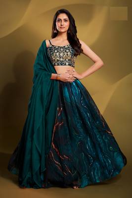 Teal Organza Sequins Embroidered Lehenga Choli 1