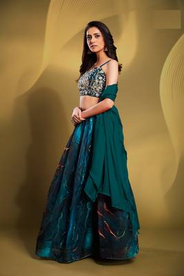 Teal Organza Sequins Embroidered Lehenga Choli 4
