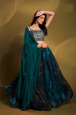 Teal Organza Sequins Embroidered Lehenga Choli 6