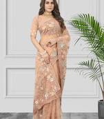 Peach embroidered net saree with blouse