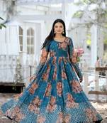Turquoise floral print georgette salwar