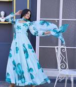 Aqua-blue floral print art silk salwar