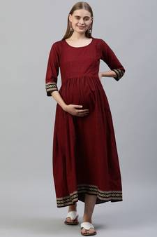 Maroon plain cotton long-dresses