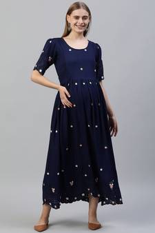 Navy-blue embroidered viscose rayon long-dresses