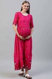 Pink embroidered viscose rayon long-dresses