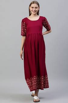 Wine embroidered viscose rayon long-dresses
