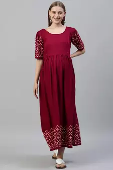 Wine embroidered viscose rayon long-dresses