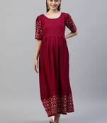 Wine embroidered viscose rayon long-dresses