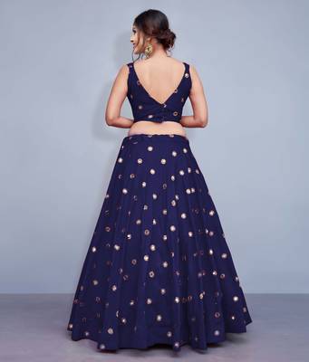 Navy Blue Embroidered With Mirror Work Art Silk Party Wear Lehenga Choli 5