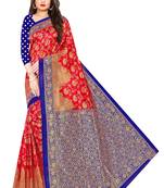 Red & Blue Malbari Silk Floral Printed Saree With Blouse Piece