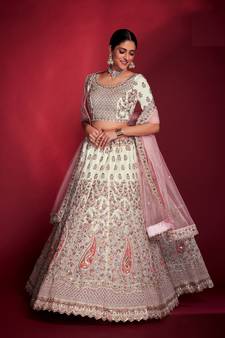 OFF WHITE SEQUINS ZARKAN DORI & THREAD EMBROIDERED SOFT NET FESTIVE BRIDAL WEDDING & PARTY WEAR SEMI STITCHED LEHENGA