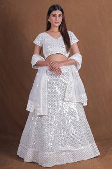 White Georgette Sequins Thread Embroidery Lehenga Choli With Dupatta Designer Wedding Party Wear Ghagra Choli