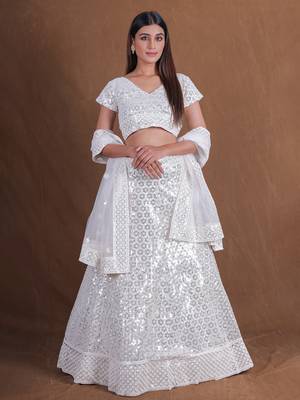 White Georgette Sequins Thread Embroidery Lehenga Choli With Dupatta Designer Wedding Party Wear Ghagra Choli 1