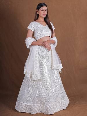 White Georgette Sequins Thread Embroidery Lehenga Choli With Dupatta Designer Wedding Party Wear Ghagra Choli 2