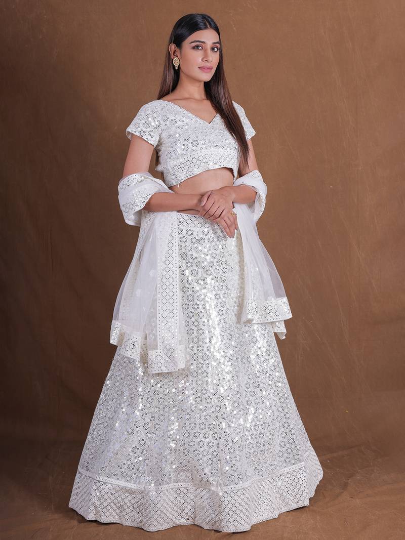 White Georgette Sequins Thread Embroidery Lehenga Choli With Dupatta Designer Wedding Party Wear Ghagra Choli