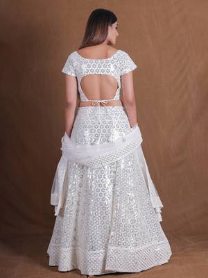 White Georgette Sequins Thread Embroidery Lehenga Choli With Dupatta Designer Wedding Party Wear Ghagra Choli 3