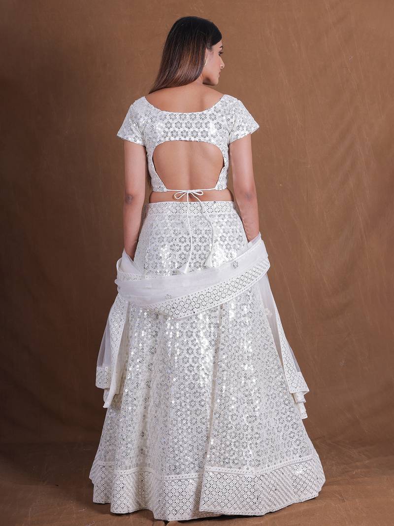 White Georgette Sequins Thread Embroidery Lehenga Choli With Dupatta Designer Wedding Party Wear Ghagra Choli