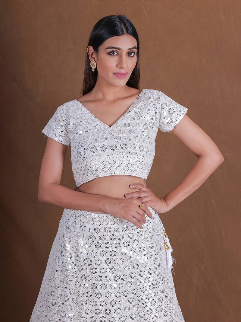 White Georgette Sequins Thread Embroidery Lehenga Choli With Dupatta Designer Wedding Party Wear Ghagra Choli