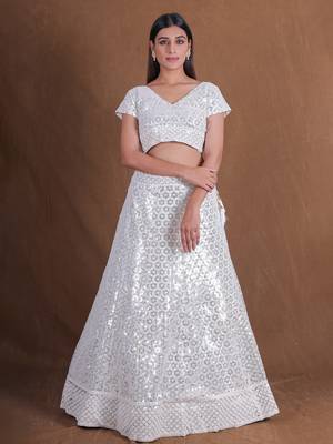 White Georgette Sequins Thread Embroidery Lehenga Choli With Dupatta Designer Wedding Party Wear Ghagra Choli 5