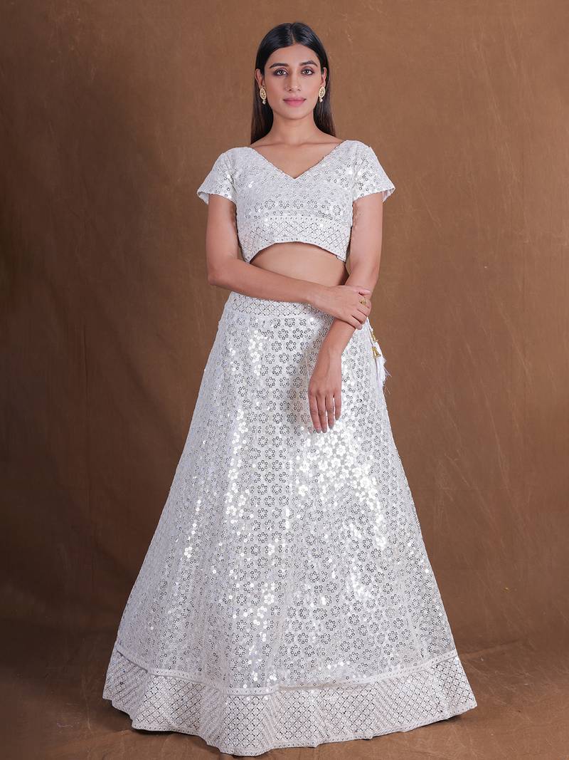 White Georgette Sequins Thread Embroidery Lehenga Choli With Dupatta Designer Wedding Party Wear Ghagra Choli
