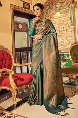 Green Ananta Silk Blend Peshwai Style zari Border saree with Blouse 1