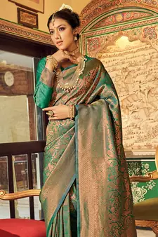 Green Ananta Silk Blend Peshwai Style zari Border saree with Blouse