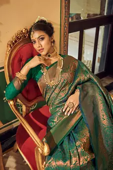 Green Ananta Silk Blend Peshwai Style zari Border saree with Blouse