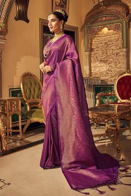Purple Ananta Silk Blend Peshwai Style zari Border saree with Blouse 1