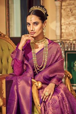 Purple Ananta Silk Blend Peshwai Style zari Border saree with Blouse 2