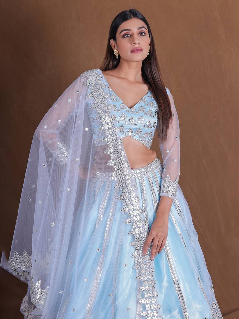 Designer Sky Blue Foil Mirror Lehenga Choli net Embroidery Semi Stitched Lengha Choli With Dupatta 
