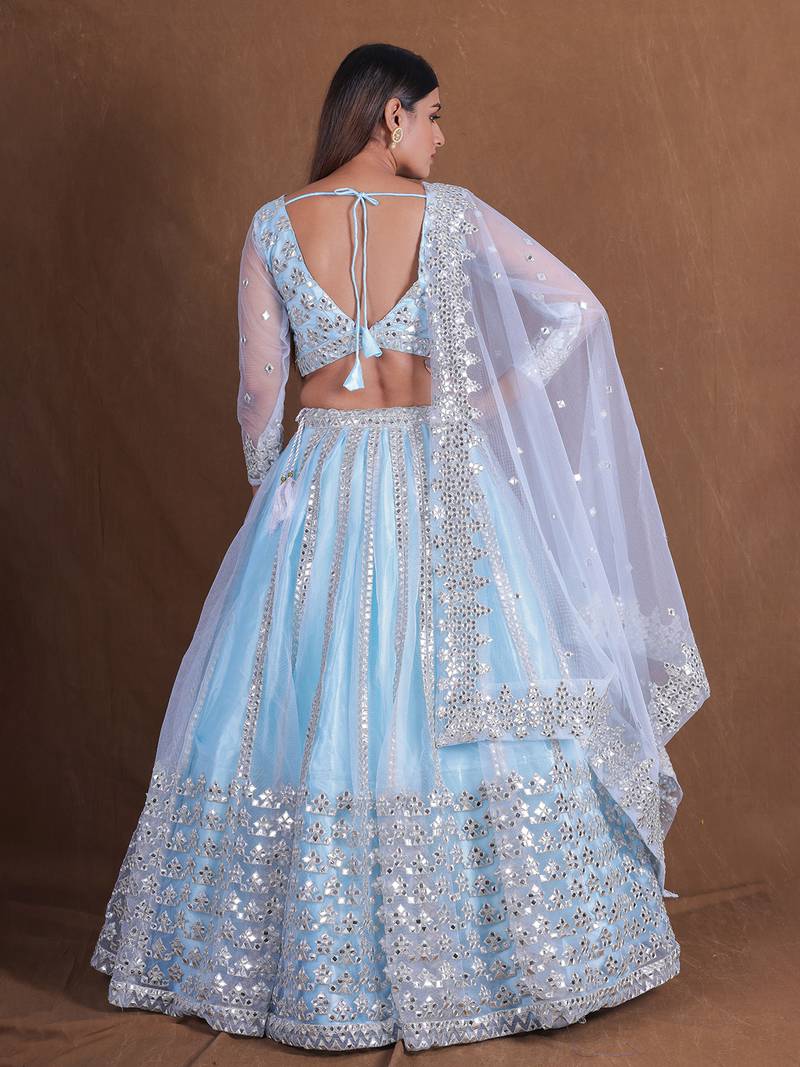 Designer Sky Blue Foil Mirror Lehenga Choli net Embroidery Semi Stitched Lengha Choli With Dupatta 