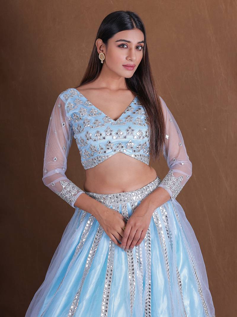 Designer Sky Blue Foil Mirror Lehenga Choli net Embroidery Semi Stitched Lengha Choli With Dupatta 
