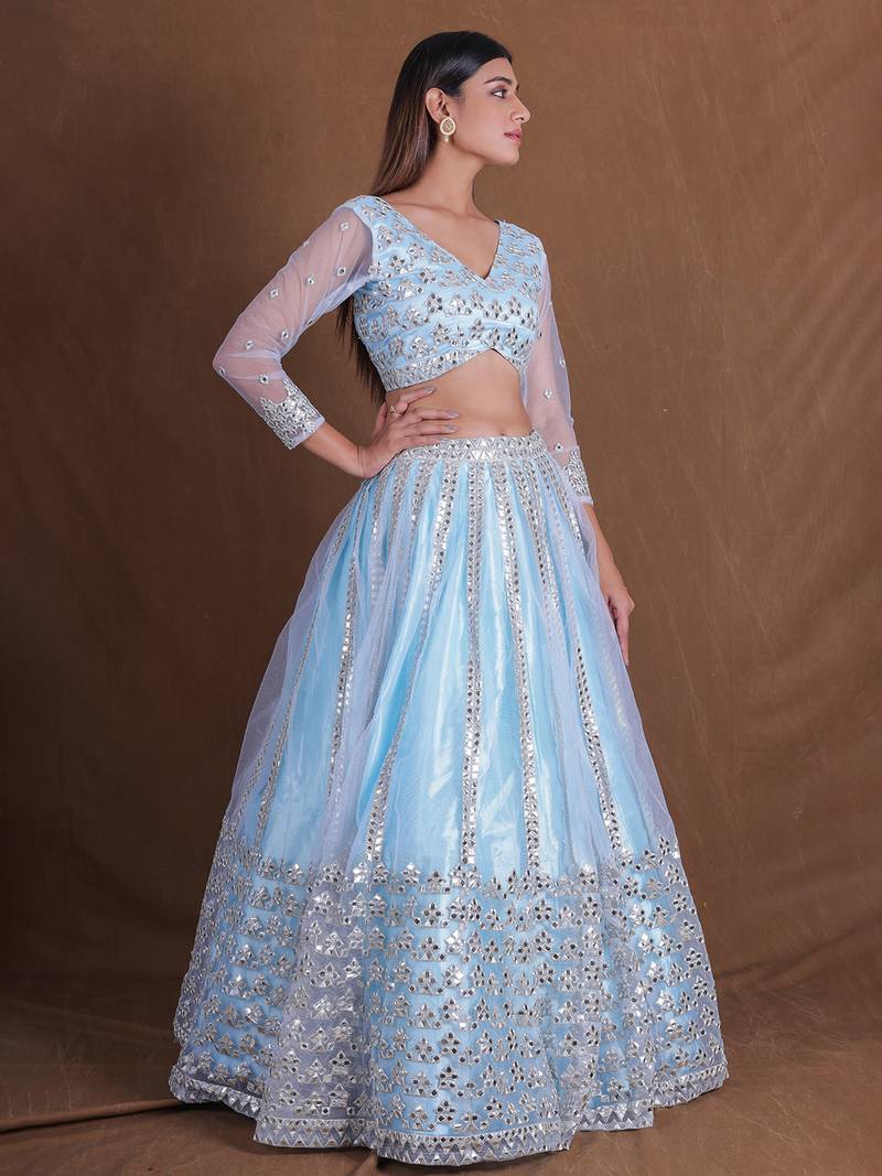 Designer Sky Blue Foil Mirror Lehenga Choli net Embroidery Semi Stitched Lengha Choli With Dupatta 