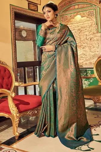 Green Ananta Silk Blend Peshwai Style zari Border saree with Blouse