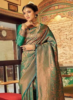 Green Ananta Silk Blend Peshwai Style zari Border saree with Blouse 1