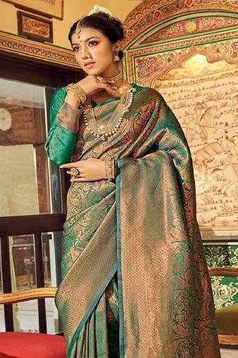Green Ananta Silk Blend Peshwai Style zari Border saree with Blouse