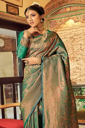 Green Ananta Silk Blend Peshwai Style zari Border saree with Blouse