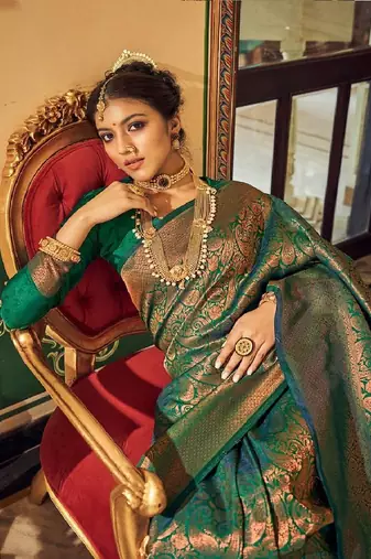 Green Ananta Silk Blend Peshwai Style zari Border saree with Blouse
