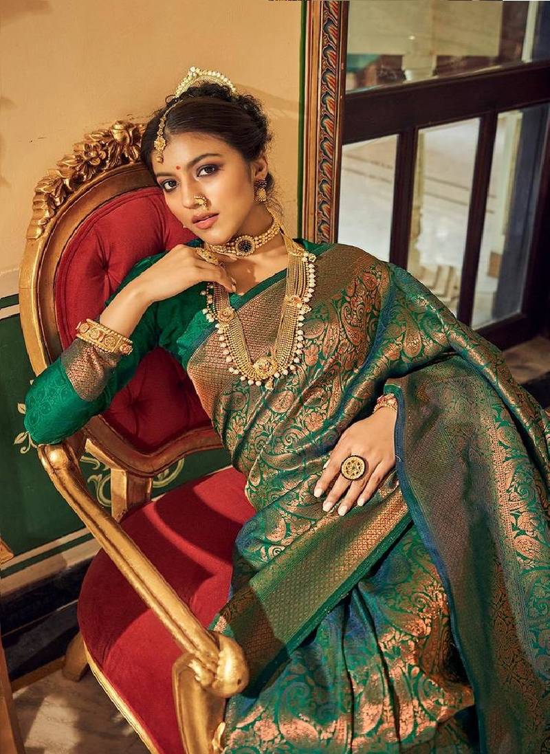 Green Ananta Silk Blend Peshwai Style zari Border saree with Blouse