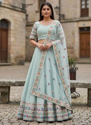 Sky Blue Georgette Multi Thread Sequins Embroidery Work Lehenga Choli For Women Designer Party Wear Ghagra Choli 1