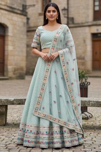 Sky Blue Georgette Multi Thread Sequins Embroidery Work Lehenga Choli For Women Designer Party Wear Ghagra Choli