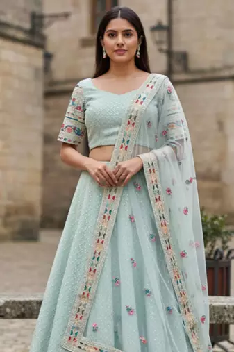 Sky Blue Georgette Multi Thread Sequins Embroidery Work Lehenga Choli For Women Designer Party Wear Ghagra Choli