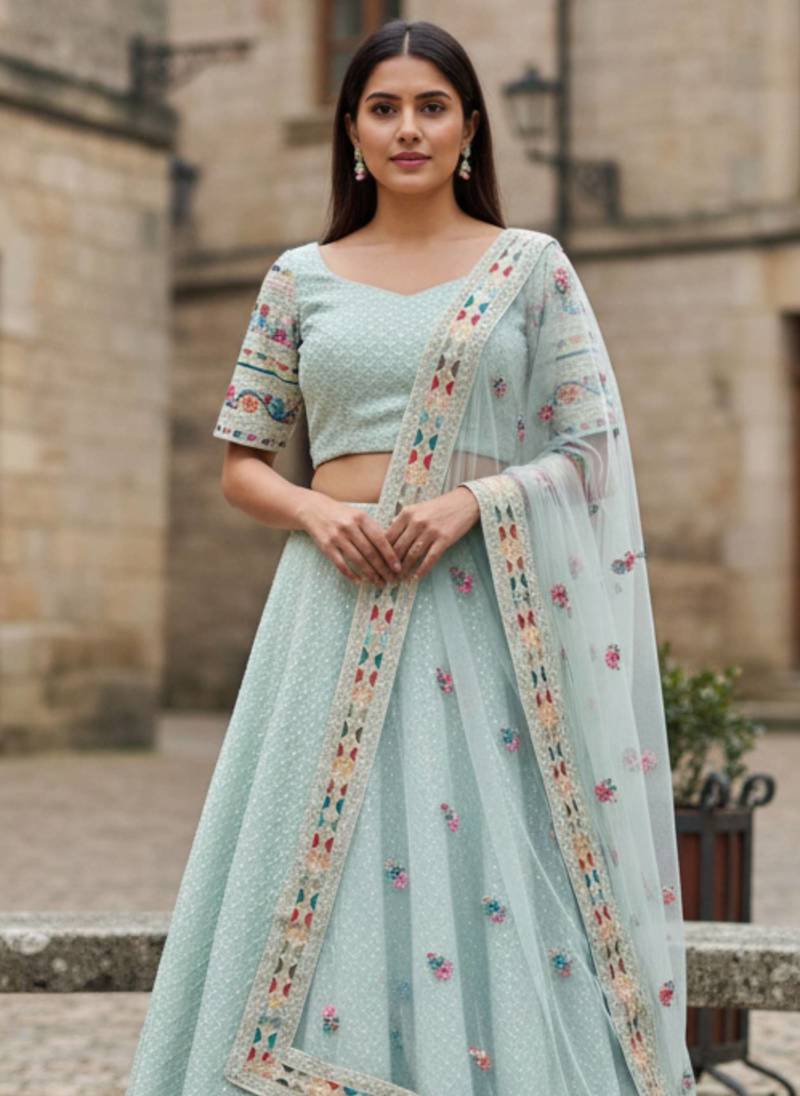 Sky Blue Georgette Multi Thread Sequins Embroidery Work Lehenga Choli For Women Designer Party Wear Ghagra Choli