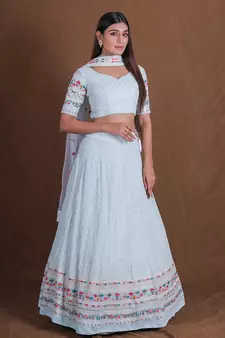 Sky Blue Georgette Multi Thread Sequins Embroidery Work Lehenga Choli For Women Designer Party Wear Ghagra Choli
