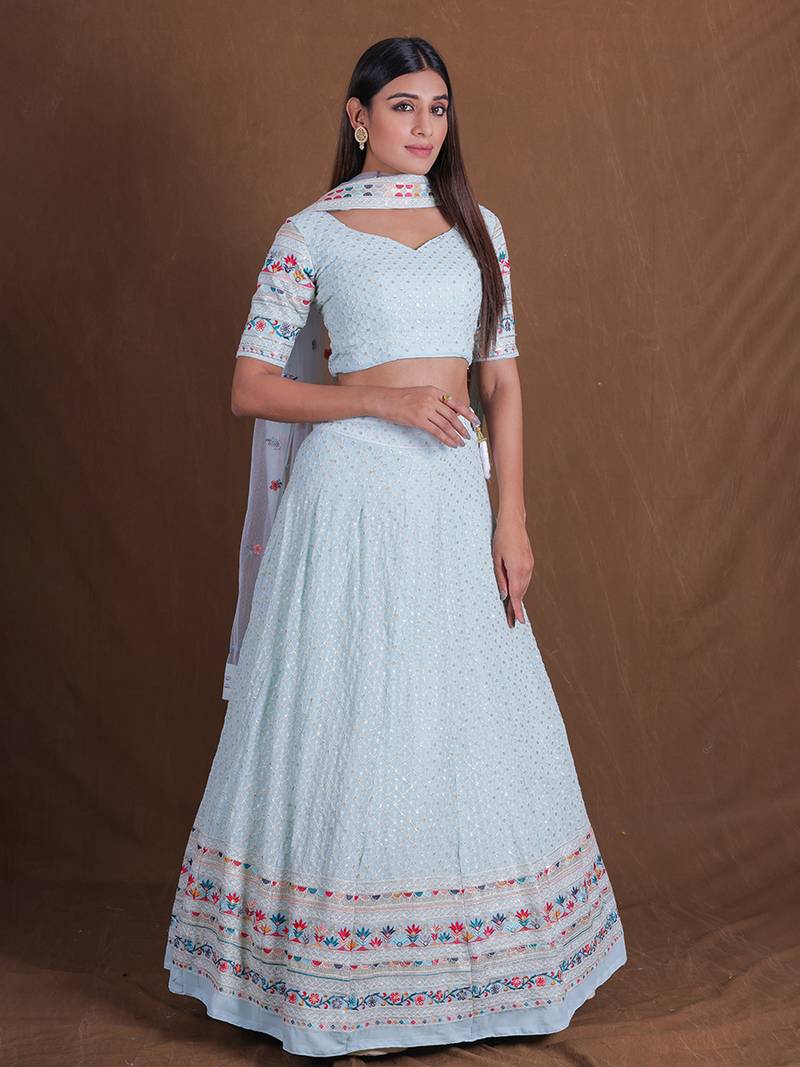 Sky Blue Georgette Multi Thread Sequins Embroidery Work Lehenga Choli For Women Designer Party Wear Ghagra Choli