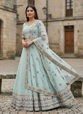 Sky Blue Georgette Multi Thread Sequins Embroidery Work Lehenga Choli For Women Designer Party Wear Ghagra Choli 3