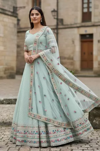 Sky Blue Georgette Multi Thread Sequins Embroidery Work Lehenga Choli For Women Designer Party Wear Ghagra Choli