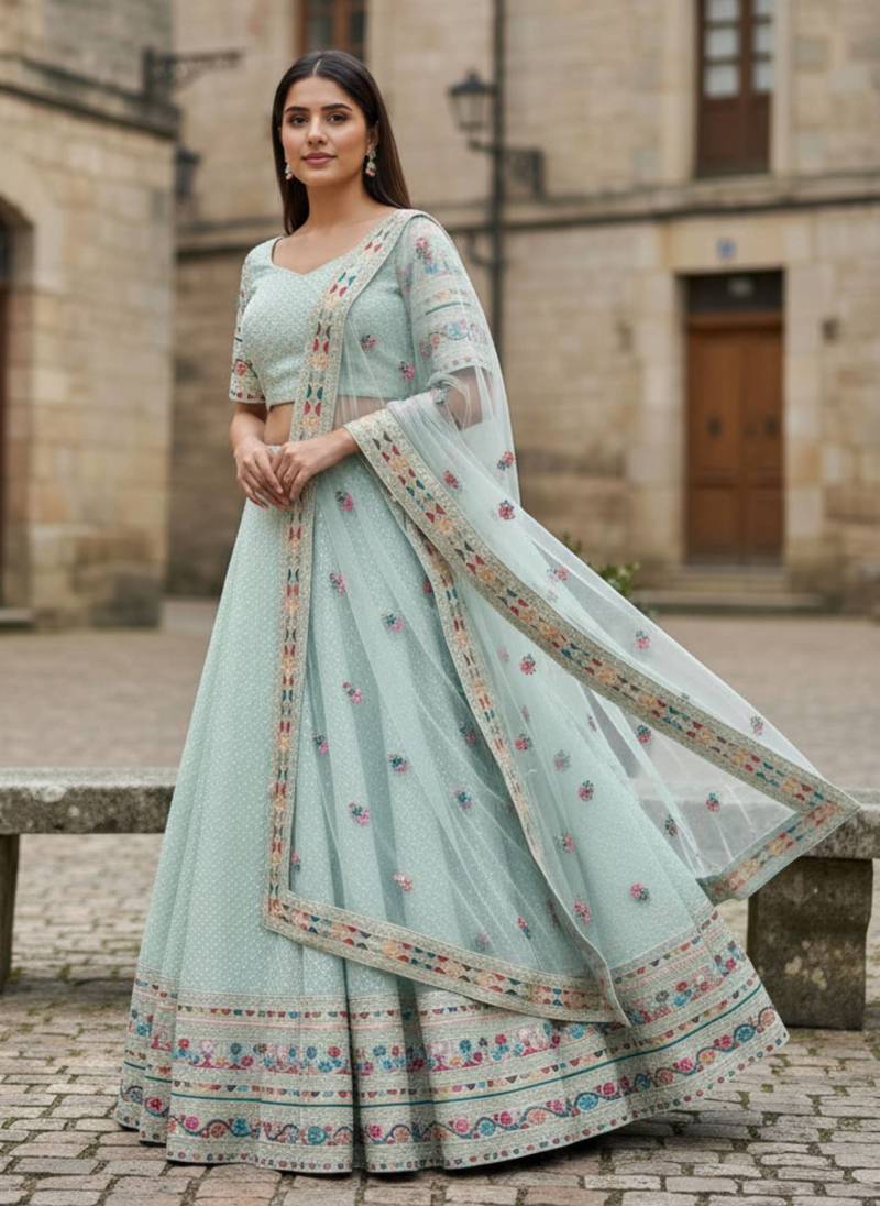 Sky Blue Georgette Multi Thread Sequins Embroidery Work Lehenga Choli For Women Designer Party Wear Ghagra Choli