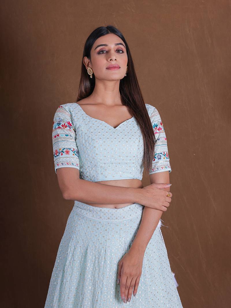 Sky Blue Georgette Multi Thread Sequins Embroidery Work Lehenga Choli For Women Designer Party Wear Ghagra Choli